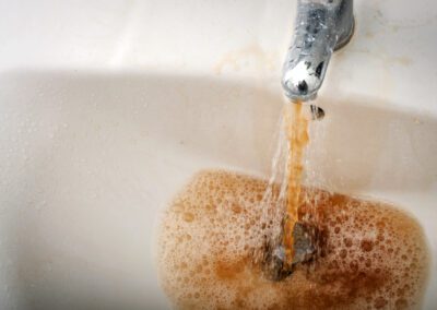 Grungy image of dirty brown water running from a water stained faucet